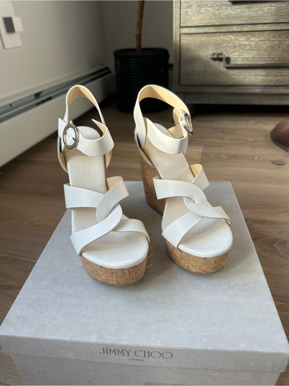 Jimmy Choo White Leather Cork Wedge Sandals